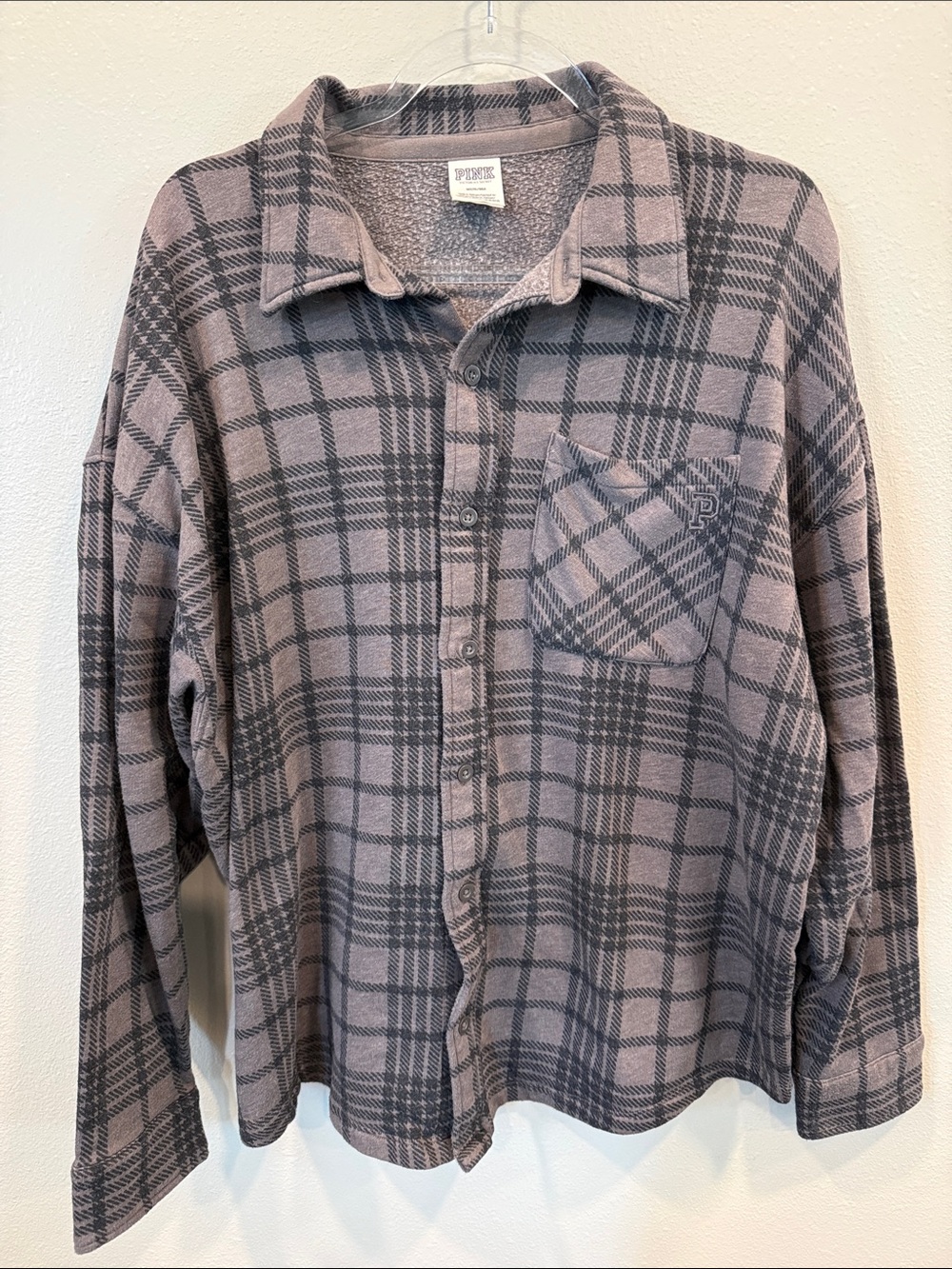 PINK Victoria's Secret Plaid Button-Down Shirt in Gray and Charcoal